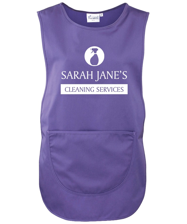 Ladies Personalised Text Cleaning Services Tabard Apron Custom Design Cleaner Uniform Purple
