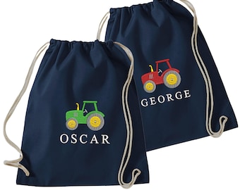 Embroidered Boys Personalised Tractor Name Cotton Gymsac Custom Text School PE Bag Nursery Bag