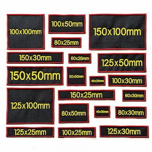 May include: A collection of black rectangular patches with red borders and yellow text indicating dimensions in millimeters. Sizes range from 40x25mm to 150x100mm. The patches are arranged on a white surface.