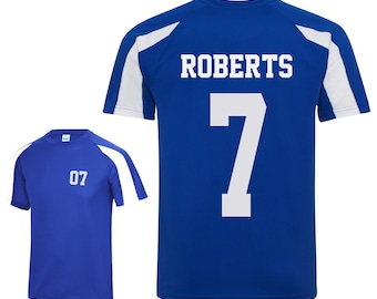 Kids Personalised Football Name & Number Sports T-Shirt (Royal Blue/White)