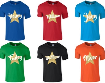 Camiseta personalizada con nombre de estrella y purpurina dorada para niños