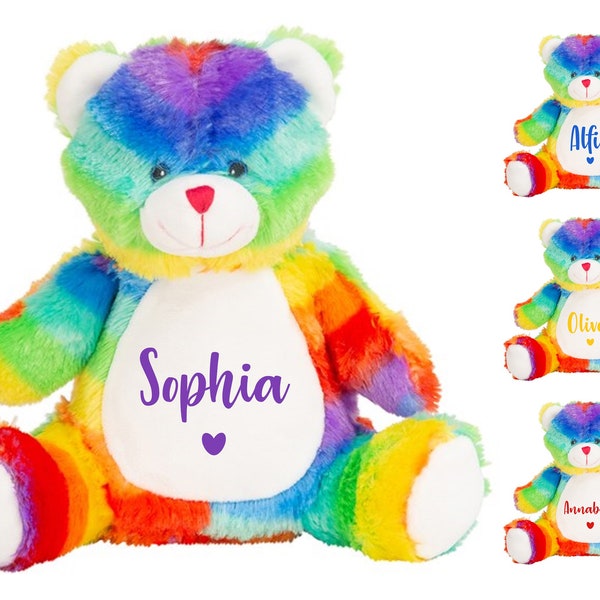 Personalised Name Rainbow Bear Plush Cuddly Toy