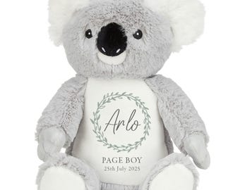 Personalised Page Boy Grey Koala Bear Plush Cuddly Toy - Wedding Keepsake Gift Wreath Name Date