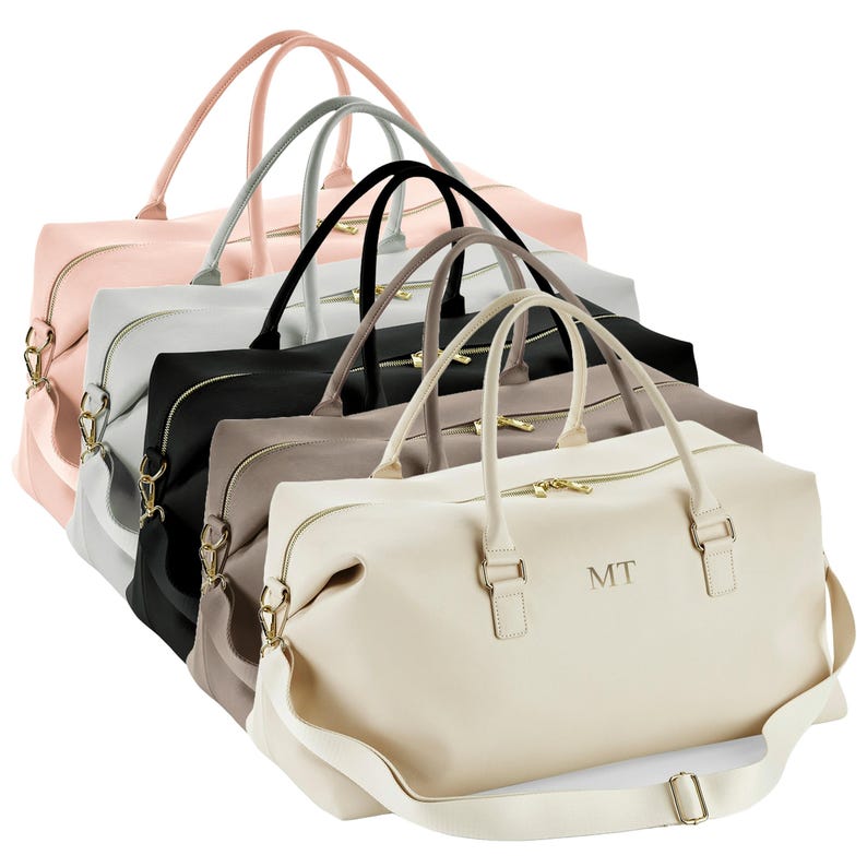 Personalised Initials Vegan Faux Leather Weekend Holdall Bag With Detachable Strap - Custom Monogram Gifts For Her image 1