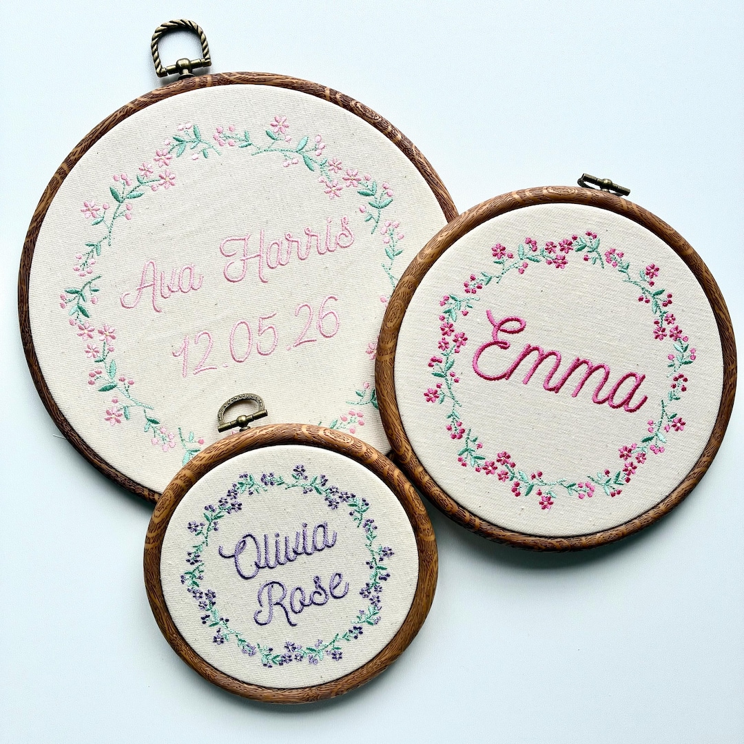 Personalised Floral Embroidery Hoop – Custom Name Embroidered Vintage ...