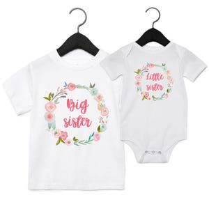 Girls Big & Little Sister Wreath T-Shirts and Bodysuits Matching Siblings New Sister Gift
