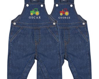 Embroidered Personalised Name Baby & Toddler Cotton Denim Dungarees Custom Text Farm Tractor Boys Gift