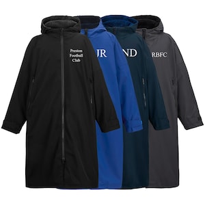 May include: Four hooded, full-length coats in black, blue, navy, and gray. The black coat has the text "Preston Football Club". The blue coat has the letters "JR", the navy coat has "ND", and the gray coat has "RBFC". Each coat has a zipper.