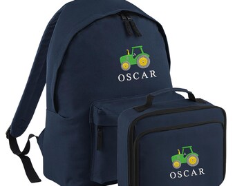 Embroidered Tractor Kids Personalised Name Backpack & Lunch Bag Set Boys Navy Custom School Rucksack Nursery Bag