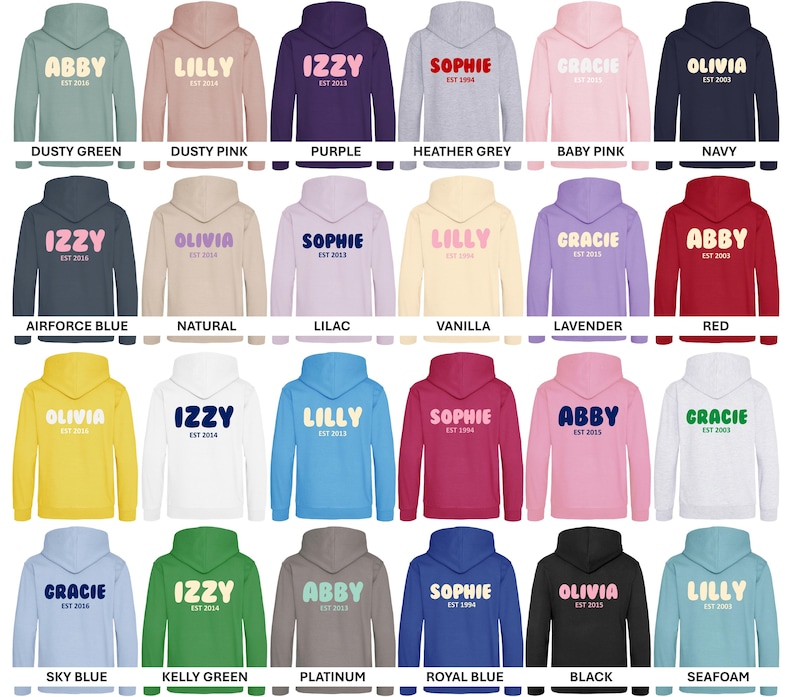 Personalised Bubble Font Name Hoodie (Kids & Adults Sizes) Custom Text Year Established Design immagine 2