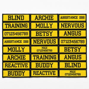 May include: A collection of yellow and black embroidered patches. The patches feature various words and phrases such as "BLIND", "TRAINING", "ARCHIE", "MOLLY", "NERVOUS", "BETSY", "ANGUS", "BUDDY", and "REACTIVE". Some patches also include phone numbers.