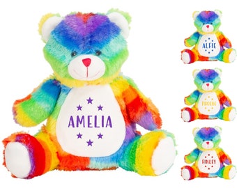 Personalised Name Rainbow Bear Plush Cuddly Toy
