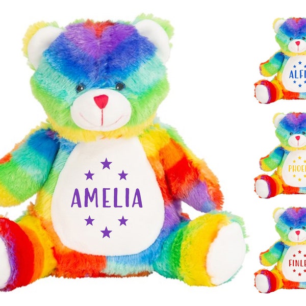 Personalised Name Rainbow Bear Plush Cuddly Toy