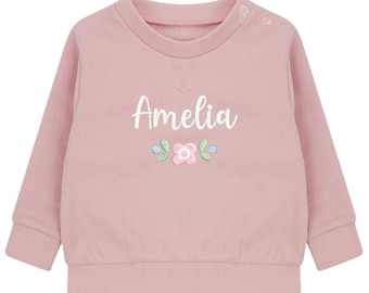 Embroidered Girls Personalised Floral Name Baby and Toddler Pink Sustainable Sweatshirts