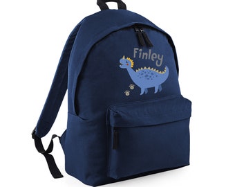 Boys Personalised Name Blue Dinosaur Backpack