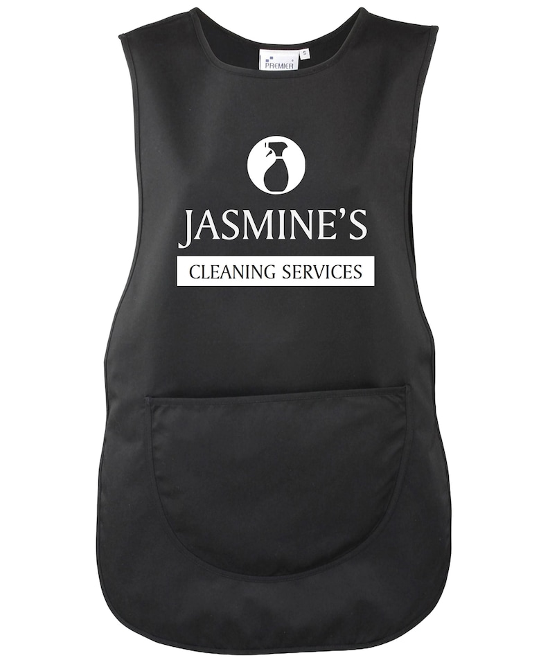 Ladies Personalised Text Cleaning Services Tabard Apron Custom Design Cleaner Uniform Black