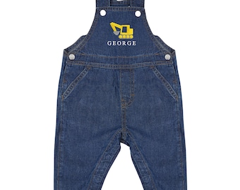 Embroidered Personalised Name Baby & Toddler Cotton Denim Dungarees Custom Text Digger Boys Gift