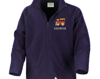 Embroidered Train Personalised Name Boys Fleece Jacket Navy Kids Custom Text Coat