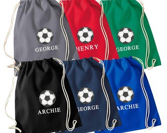 Embroidered Football Kids Personalised Name Cotton Gymsac Custom Text School PE Kit Rucksack Nursery Bag
