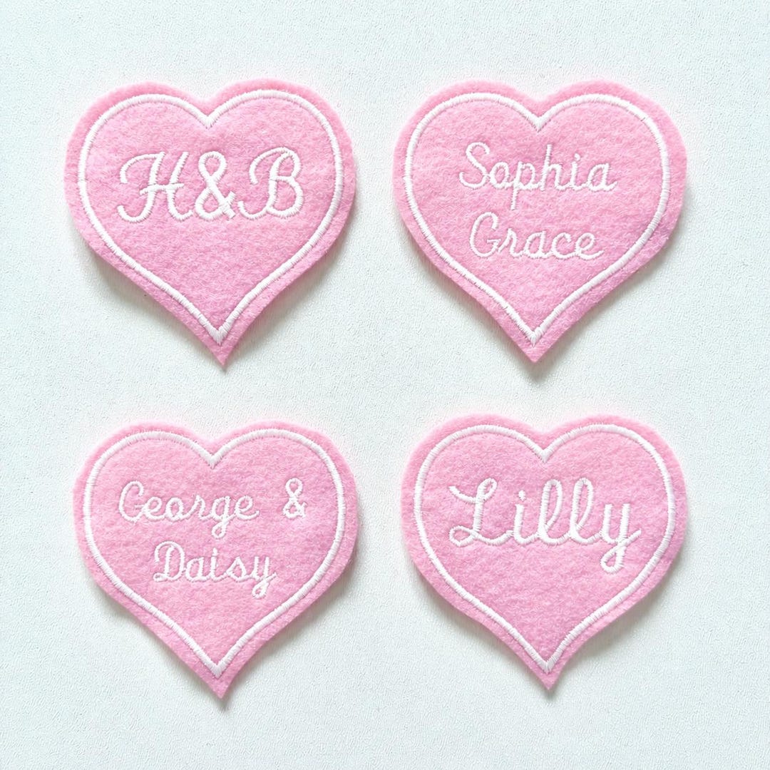 Personalised Embroidered Pink Love Heart Patch Iron on & Sew on Custom ...