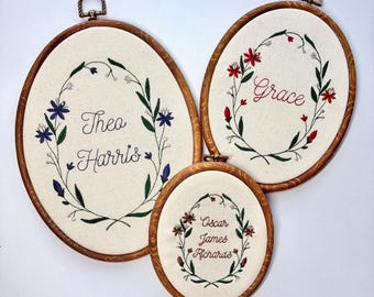 Personalised Floral Embroidery Hoop – Custom Name Embroidered Vintage Art Nursery Decor Baby Shower Birth Announcement Gift
