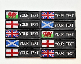 Personalised Embroidered Flag Patch Sew/Iron/VELCRO® Custom Text Badge Black