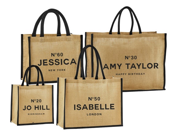 Personalised Birthday Gift Jute Bags Name Age Travel Celebration Tote 21st 30th 40th 50th 60th