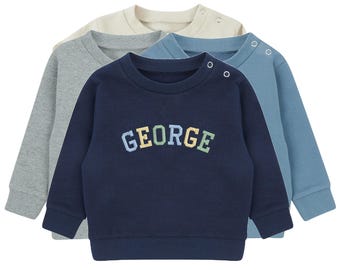 Embroidered Personalised Varsity Name Sustainable Sweatshirts Boys & Girls Baby Toddler Custom Jumper Gift