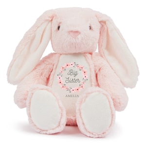 Girls Personalised Big Sister Pink Bunny Rabbit Plush Cuddly Toy - Pink Floral Wreath Name New Sibling Keepsake Gift