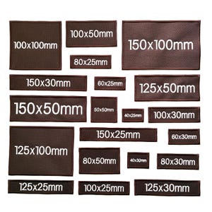 Peut inclure: Divers rectangles bruns avec des dimensions en mm en texte blanc. Les tailles varient de 40x25mm à 150x100mm. Disposition sur fond blanc.
