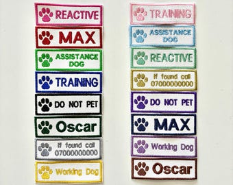 Personalised Embroidered Dog Paw Text Patch Iron & Sew On Training Harness Badge