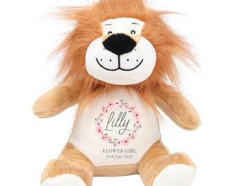 Girls Personalised Flower Girl Brown Lion Plush Cuddly Toy - Floral Name Date Wedding Keepsake Gift