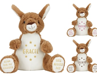 Personalised Brown Kangaroo Plush Cuddly Toy - Printed Name, Date of Birth, Welcome To The World, Happy 1st Birthday