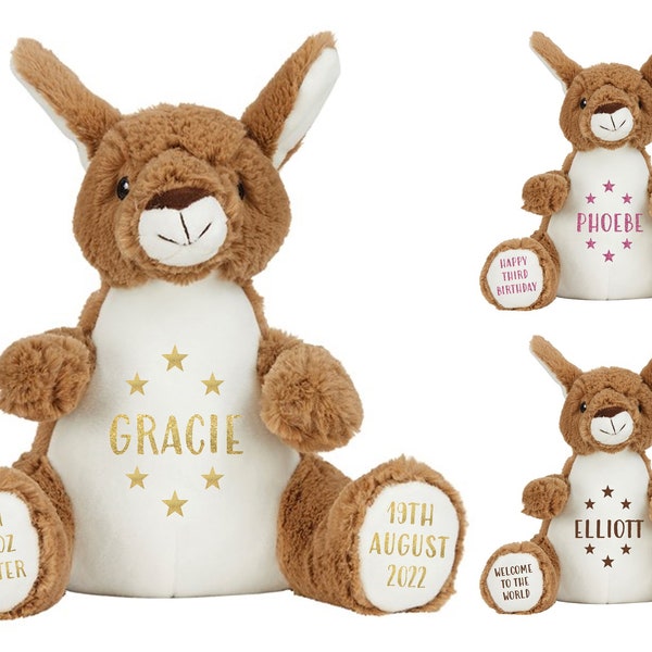 Personalised Brown Kangaroo Plush Cuddly Toy - Printed Name, Date of Birth, Welcome To The World, Happy 1st Birthday