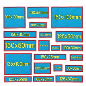 May include: A collection of blue rectangular patches with red borders and yellow text indicating dimensions in millimeters. Sizes vary, including 100x100mm, 150x100mm, and smaller options like 40x25mm. Ideal for crafting or apparel.