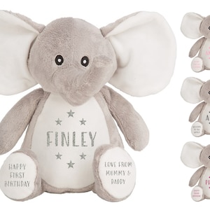 Personalised Grey Elephant Plush Cuddly Toy - Printed Name, Date of Birth, Welcome To The World, Happy 1st Birthday
