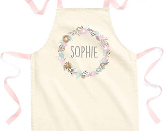 Girls Personalised Name Pink Wreath Craft Apron Fairtrade Cotton Kitchen Baking Gift