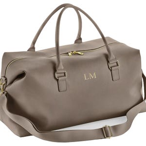 Personalised Initials Vegan Faux Leather Weekend Holdall Bag With Detachable Strap - Custom Monogram Gifts For Her Taupe