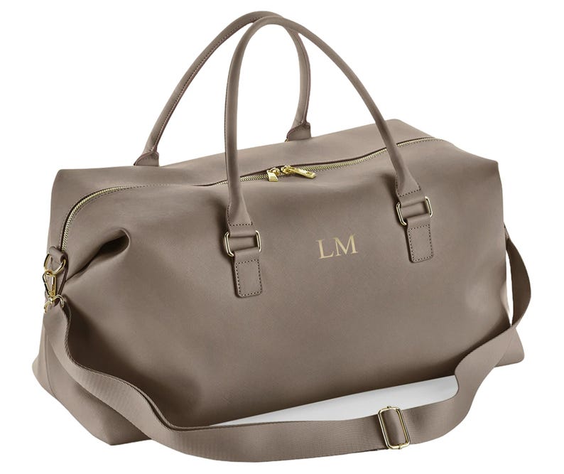 Personalised Initials Vegan Faux Leather Weekend Holdall Bag With Detachable Strap - Custom Monogram Gifts For Her Taupe
