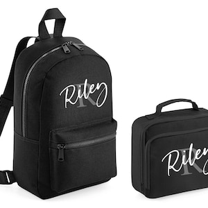 Personalised Letter Name Name Mini Backpack & Lunch Bag Set (Black) School Rucksack Nursery Bag