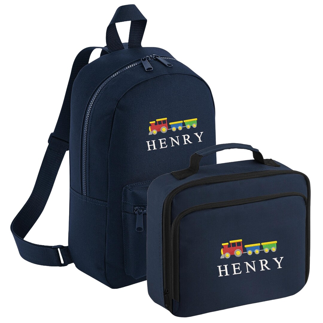 Train Drivers Rucksack Embroidered Train Kids Personalised Name Backpack & Lunch Bag Set Boys ...