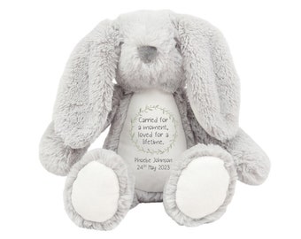 Personalised Baby Loss Memory Keepsake Name Date of Birth Grey Bunny Plush Cuddly Toy