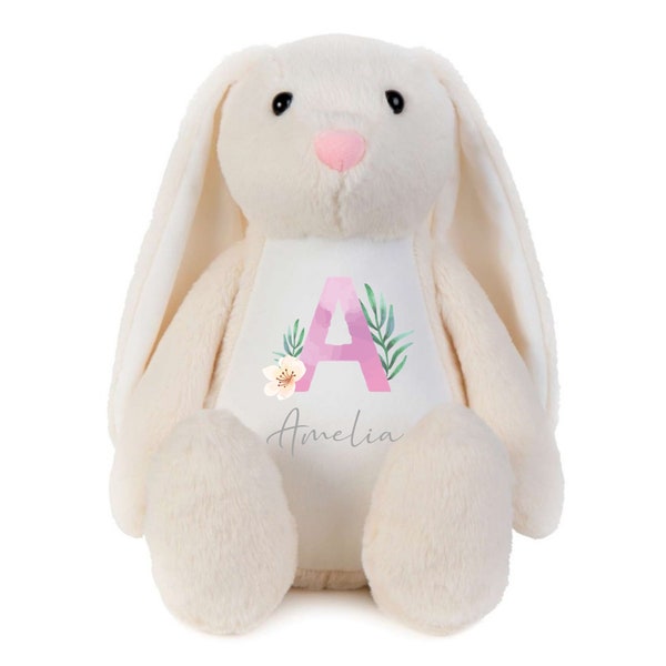 Personalised Pink Floral Initial & Name Large Plush Cream Bunny Rabbit Teddy Cuddly Toy