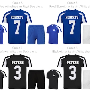 May include: Four different color combinations of soccer jerseys and shorts. The jerseys have white trim and a white number on the back. The shorts are either royal blue, white, or black. The jerseys have the names "Roberts" and "Peters" on the back.