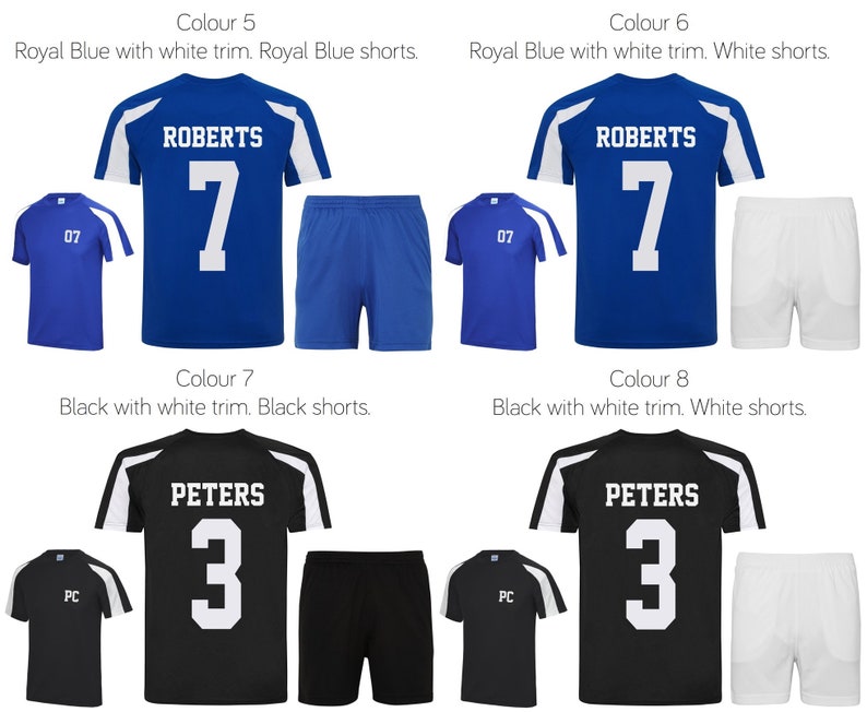 May include: Four different color combinations of soccer jerseys and shorts. The jerseys have white trim and a white number on the back. The shorts are either royal blue, white, or black. The jerseys have the names "Roberts" and "Peters" on the back.