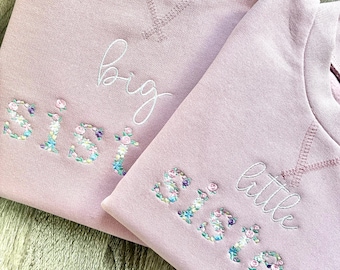 Embroidered Floral Big & Little Sister Girls Sustainable Sweatshirts Baby and Toddler Pink Matching New Siblings