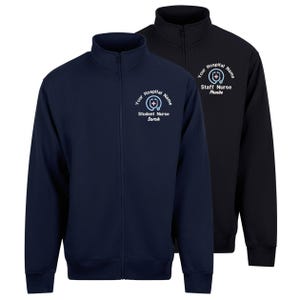 May include: Two full-zip fleece jackets, one navy blue and one black. Each jacket has a high collar and a white embroidered design with a stethoscope and the text "Your Hospital Name" and a nurse's title and name. The navy jacket says "Student Nurse Sarah". The black jacket says "Staff Nurse Phoebe".