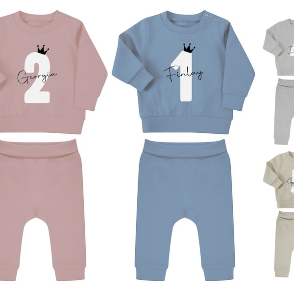 Personalised Name Age Baby & Toddler Sustainable Sweatshirt and Joggers Set Birthday Year Outfit