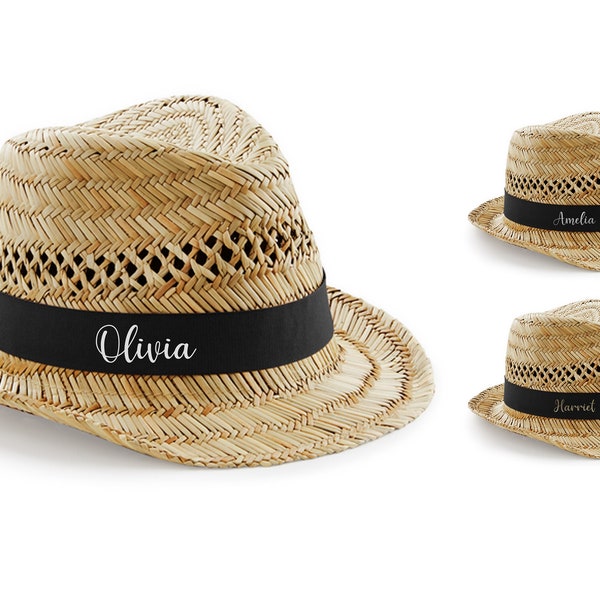 Personalised Name Monogram Straw Trilby Beach Summer Hat