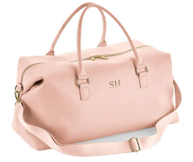 Personalised Initials Vegan Faux Leather Weekend Holdall Bag With Detachable Strap - Custom Monogram Gifts For Her Pink